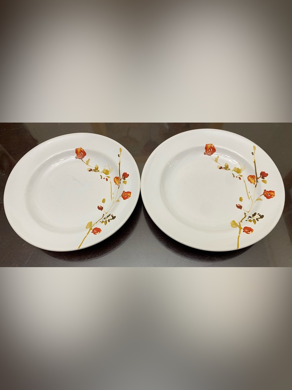 222 Fifth White Appetizer Plates with Orange and Gold Floral Accents - Set of 2